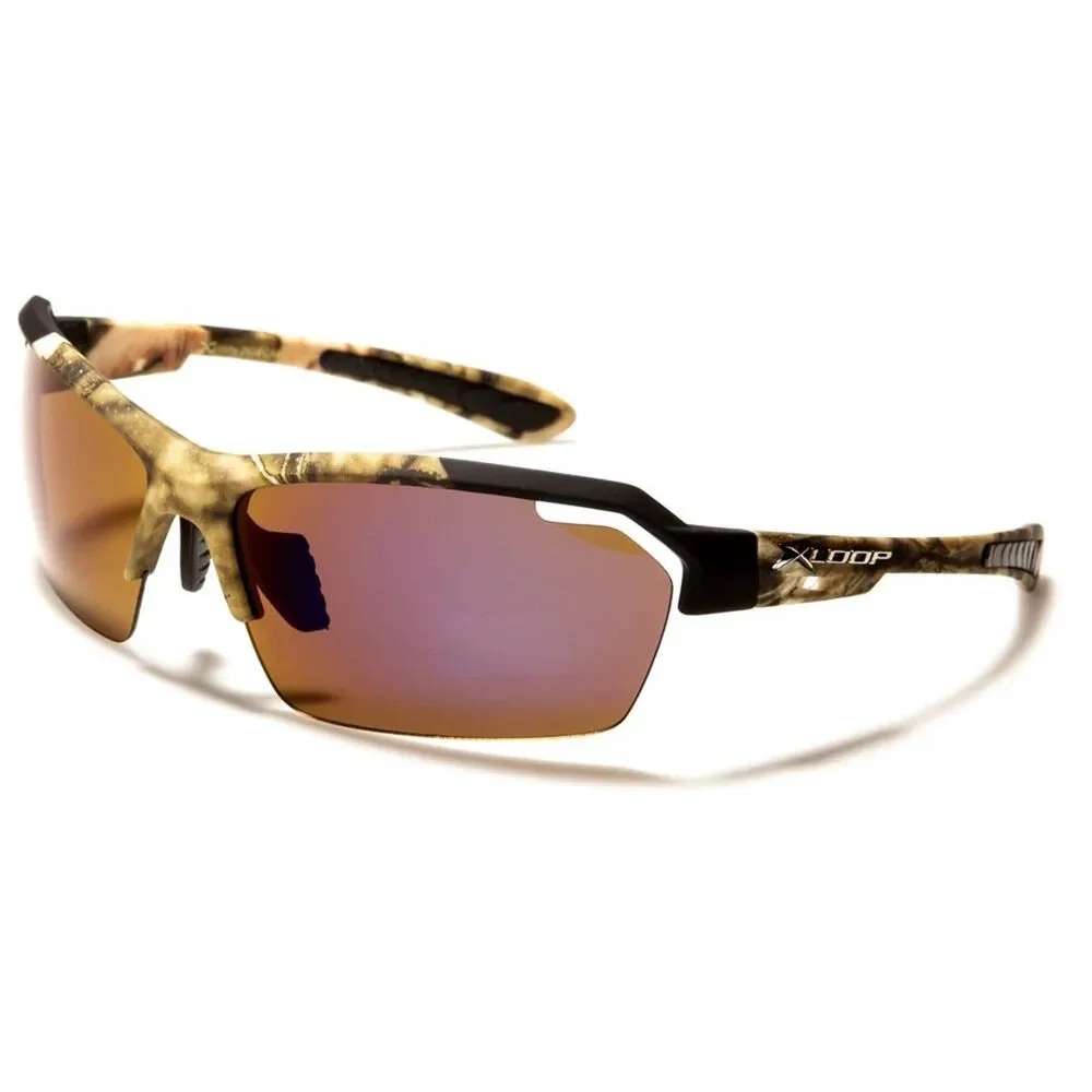 X-Loop Wrap Around Camouflage Rectangle Mirrored Blue Lens Sport Sunglasses